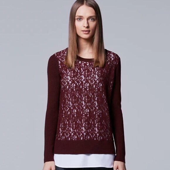 Simply Vera Vera Wang Mock-Layer Crewneck Lace Sweater Rhubarb - Picture 1 of 14